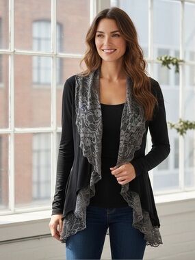 Needle & Thread Black Cardigan with Gray Lace